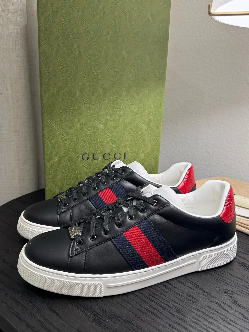 Gucci Ace Web Sneakers Leather Black 9